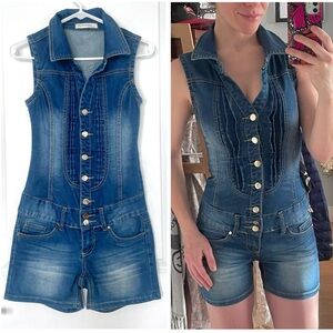 Vintage Y2K Denim Romper by Goodies Jeans Stretchy Buttoned Medium Wash